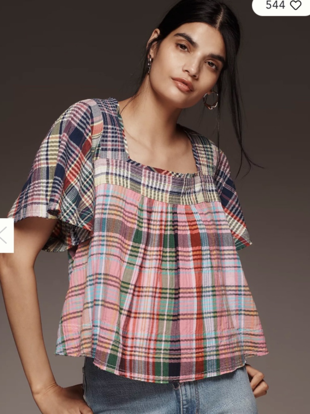 Anthropologie Pilcro Mixed Madras Flutter-Sleeve Blouse
